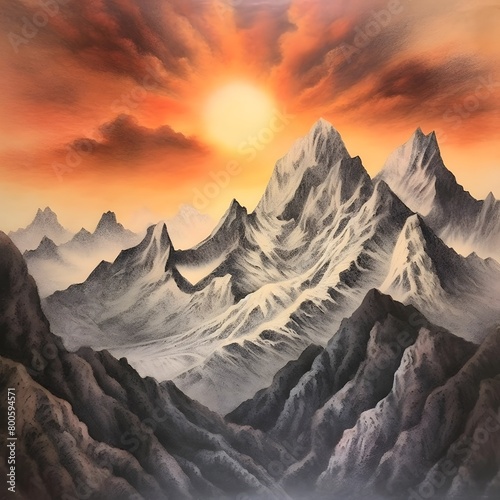 Beautiful sunset in the mountains. Digital painting illustration. 3D rendering