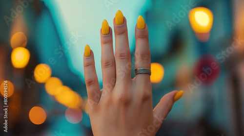 Mão de uma mulher com as unhas pintadas de amarelo