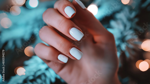 Mão de uma mulher com as unhas pintadas de branco photo