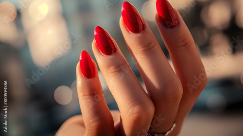 Mão de uma mulher com as unhas pintadas de vermelho claro photo