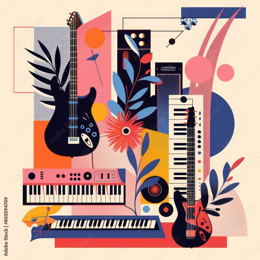 Obraz premium Bold and colorful abstract representation of various music instruments and floral patterns on a geometric background