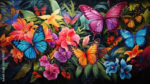 A picture vibrant and colorful watercolor artwork showcasing a variety of exotic butterflies in a lush tropical garden