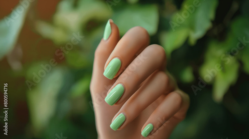 Mão de uma mulher com as unhas pintadas de verde claro