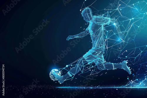 A man is kicking a soccer ball in a blue background