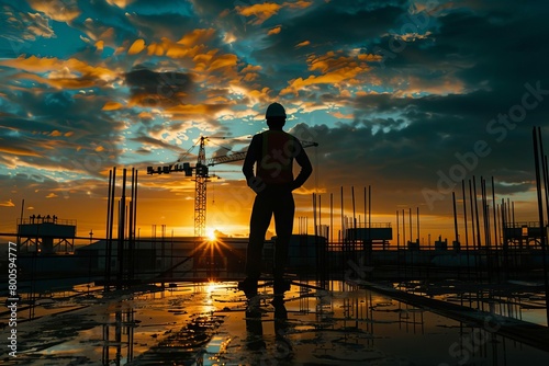silhouetted engineer overseeing construction site at sunset industrial concept photography