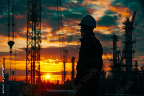 silhouetted engineer overseeing construction site at sunset industrial concept photography © Lucija