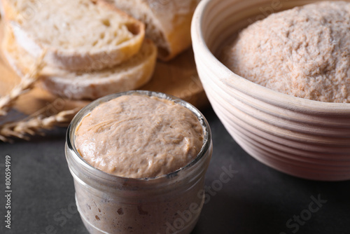 Fresh sourdough starter, dough and bread on grey table, closeup photo