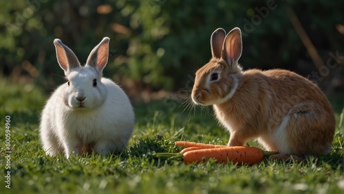 rabbits in the meadow and eats carrots