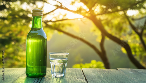 Soju  green glass bottle and shot on wooden table. Korean beverage. Alcoholic drink.