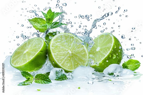 sliced lime with ice and mint in water splash isolated on white food and drink photography