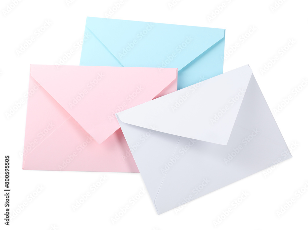 Three letter envelopes isolated on white, above view Three letter envelopes isolated on white, above view