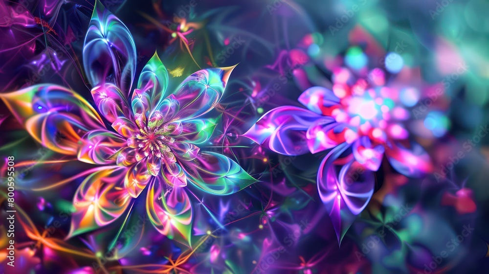 Obraz premium This image features beautifully rendered blossoms with fractal patterns glowing with neon colors, giving a stunning visual effect