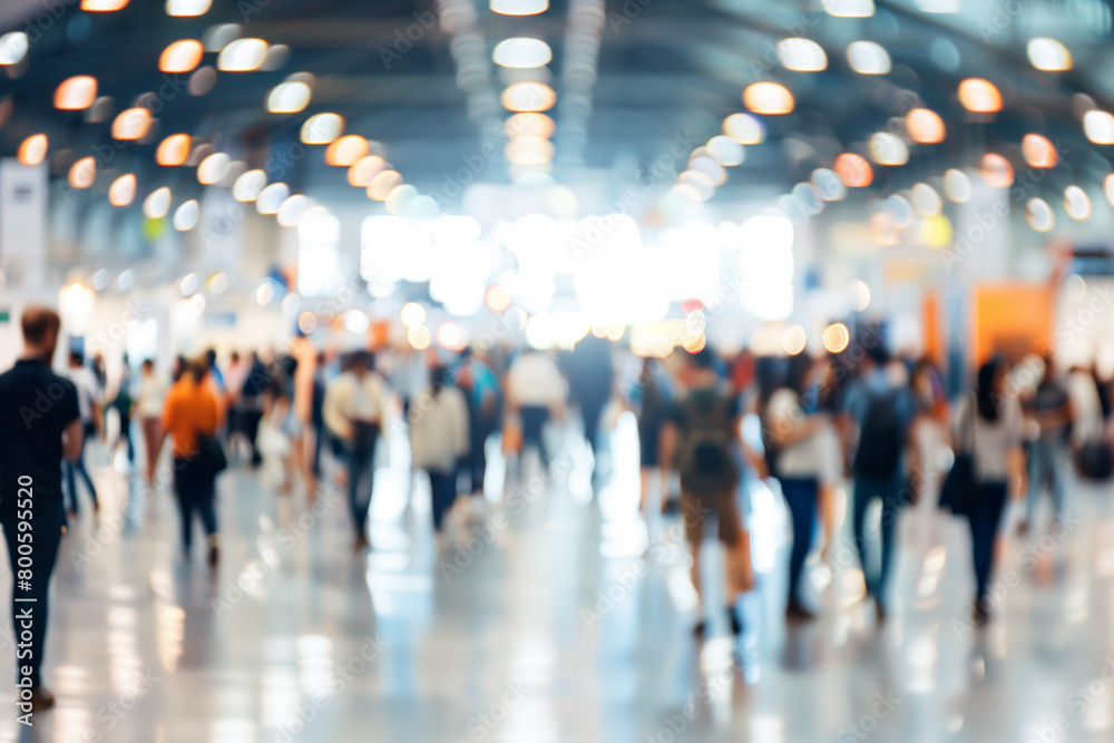 A busy expo hall with people walking around, defocused, blurred background A busy expo hall with people walking around, defocused, blurred background