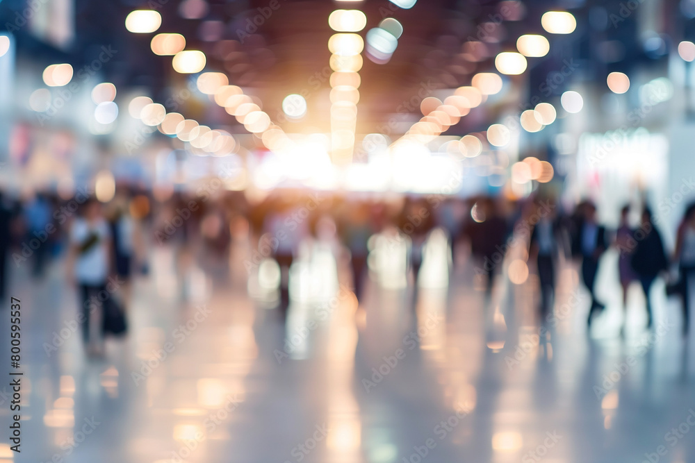 A busy expo hall with people walking around, defocused, blurred background A busy expo hall with people walking around, defocused, blurred background