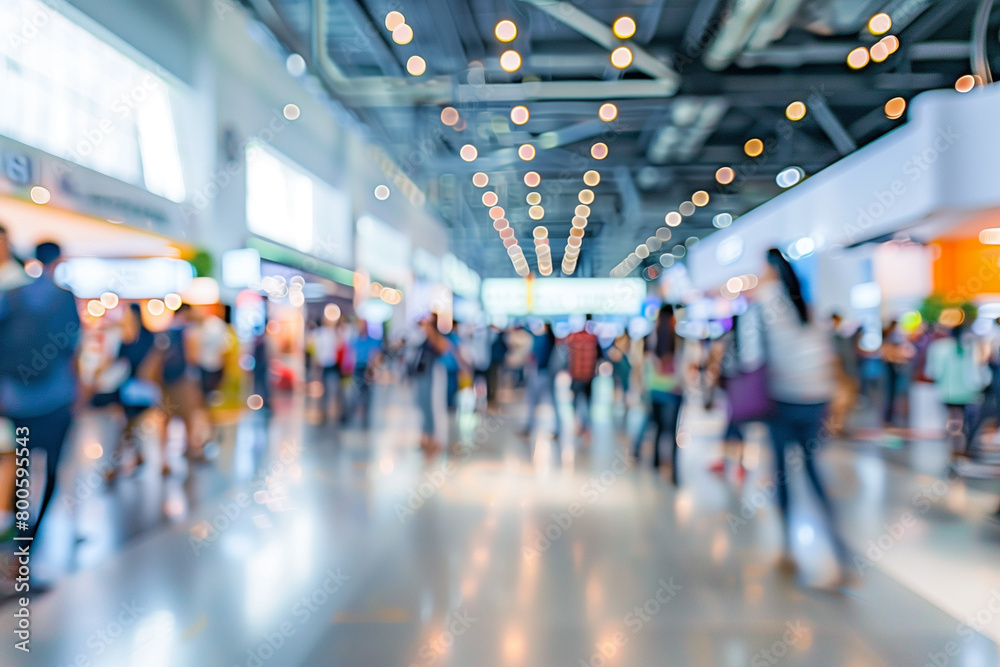 A busy expo hall with people walking around, defocused, blurred background A busy expo hall with people walking around, defocused, blurred background