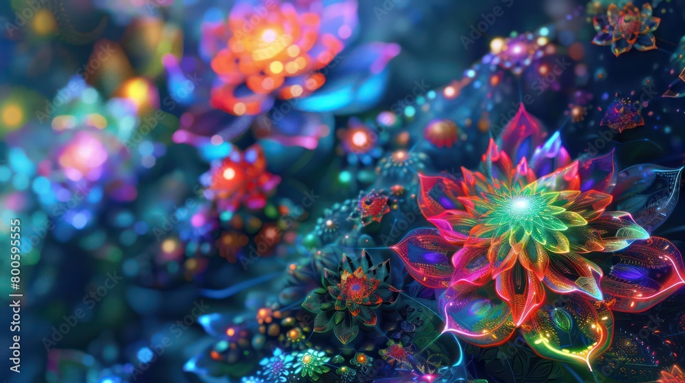 An image bursting with neon-colored fractal flowers, intertwined with delicate sparkling light beads