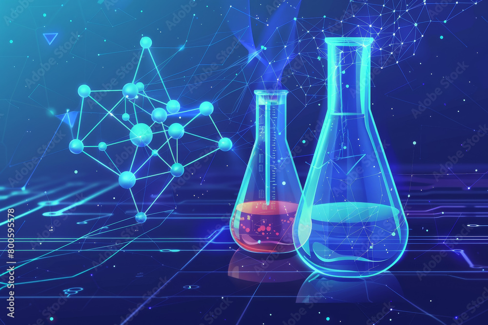 Two beakers of liquid are shown on a blue background Two beakers of liquid are shown on a blue background
