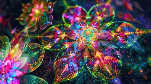 A captivating neon-colored mandala with floral motifs  glowing with an otherworldly vibrance against a dark background