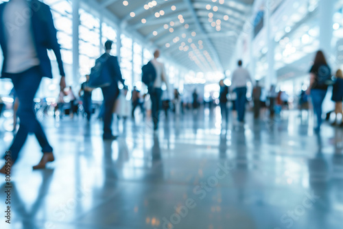 A busy expo hall with people walking around, defocused, blurred background