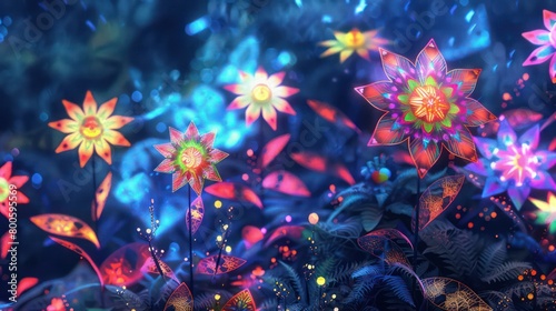 A dreamy image of fantastical flowers set against a backdrop of a star-filled sky with a surreal digital vibe