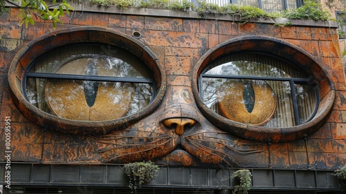 A building with two large cat eyes on the side of it, AI