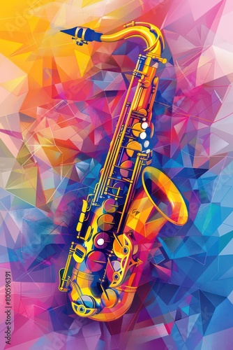 A vividly colored saxophone stands out against a geometric abstract background, evoking a sense of energetic music and artistic flair photo