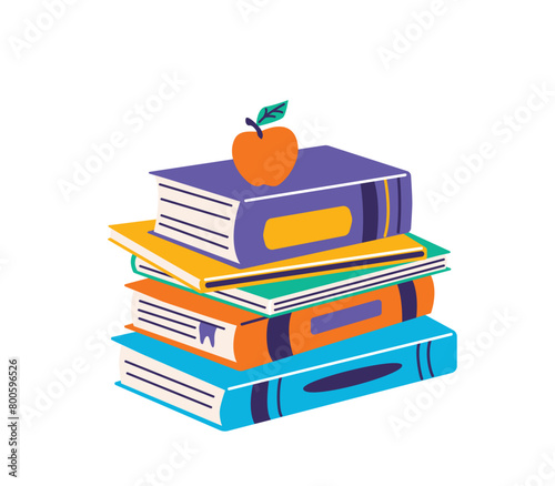 Book pile vector illustration. Stack of books with apple at the top