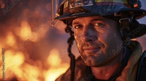 Illuminate the resilience of a firefighter, adorned in gear, poised to battle the flames and protect their community.