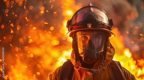 Illuminate the resilience of a firefighter, adorned in gear, poised to battle the flames and protect their community.