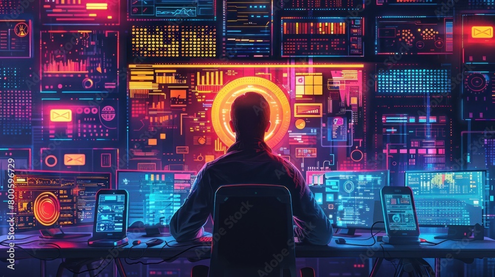 Reflect the innovation of a tech entrepreneur, surrounded by screens and gadgets, shaping the future of technology. Reflect the innovation of a tech entrepreneur, surrounded by screens and gadgets, shaping the future of technology.