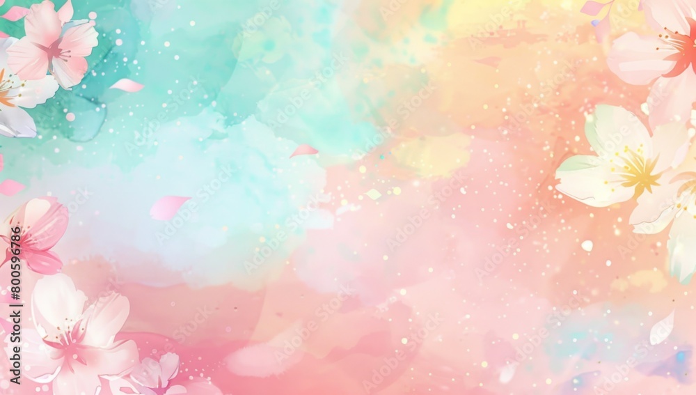 A cute Japanese-style pink and yellow pastel color background with cherry blossoms, watercolor paint strokes and flying petals Generative AI
