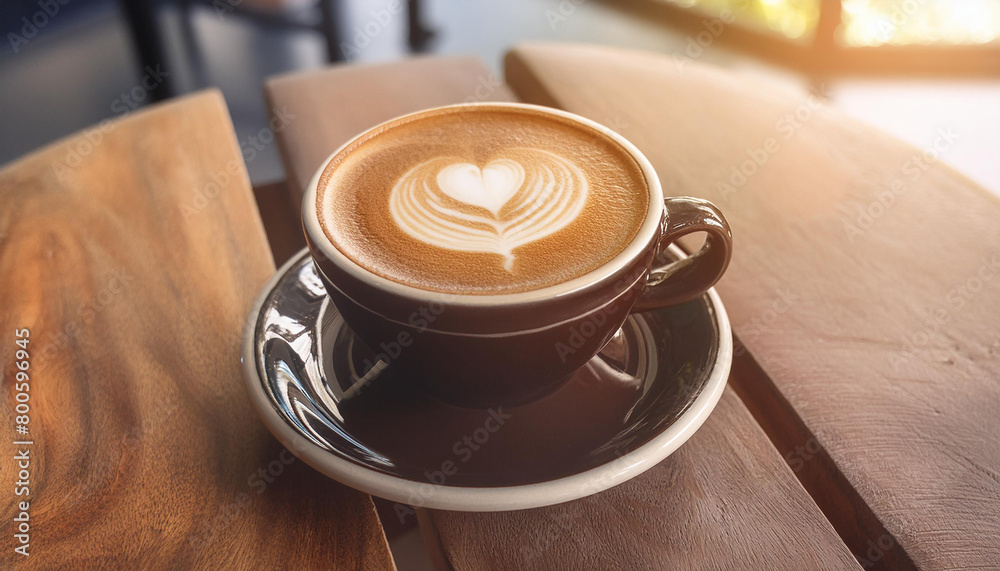 Close-up of cup of hot latte coffee with latte art, milk foam with heart. Beverage on wooden table.