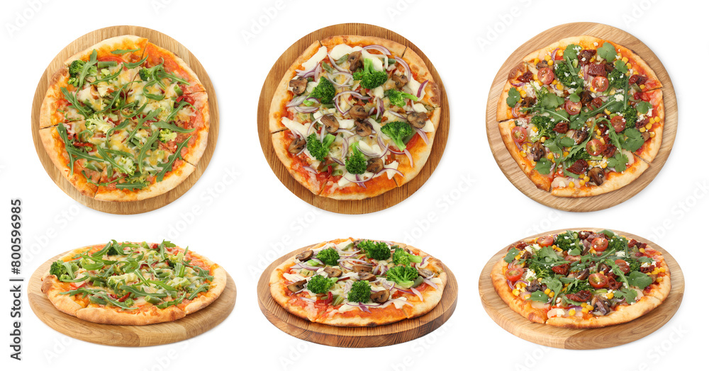 Delicious vegetarian pizzas isolated on white, top and side views Delicious vegetarian pizzas isolated on white, top and side views