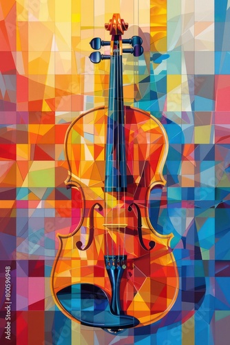 A striking abstract image of a violin with bright, geometric patterns giving off a sense of rhythm and energy