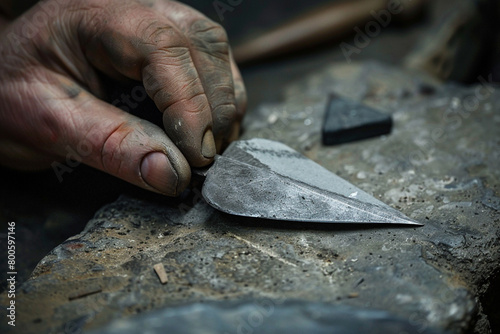 An arrowhead being sharpened on a whetstone, its edge honed to perfection. photo