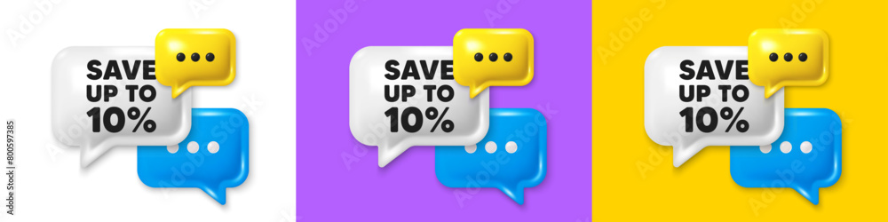 Chat speech bubble 3d icons. Save up to 10 percent. Discount Sale offer price sign. Special offer symbol. Discount chat text box. Speech bubble banner. Offer box balloon. Vector Chat speech bubble 3d icons. Save up to 10 percent. Discount Sale offer price sign. Special offer symbol. Discount chat text box. Speech bubble banner. Offer box balloon. Vector
