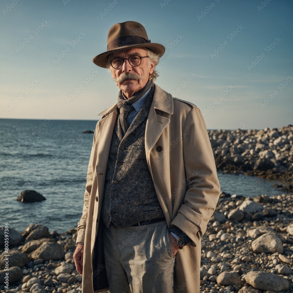 Man stands by shore, attire consisting of beige trench coat, grey trousers, patterned sweater. Brown hat complements attire, casting shadow that conceals facial features. Rocks.