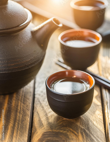 Close-up of sake in ceramic cups on wooden table. National Japanese alcohol drink. Tasty beverage. photo