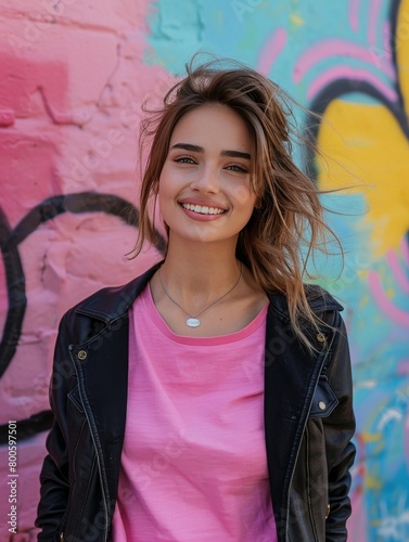 arafed woman in a pink shirt and black jacket standing in front of a colorful wall