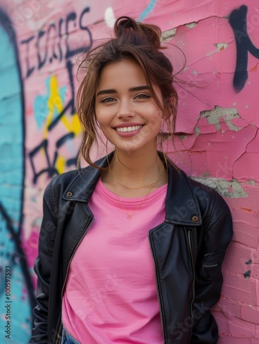 arafed woman in a pink shirt and black jacket standing in front of a colorful wall