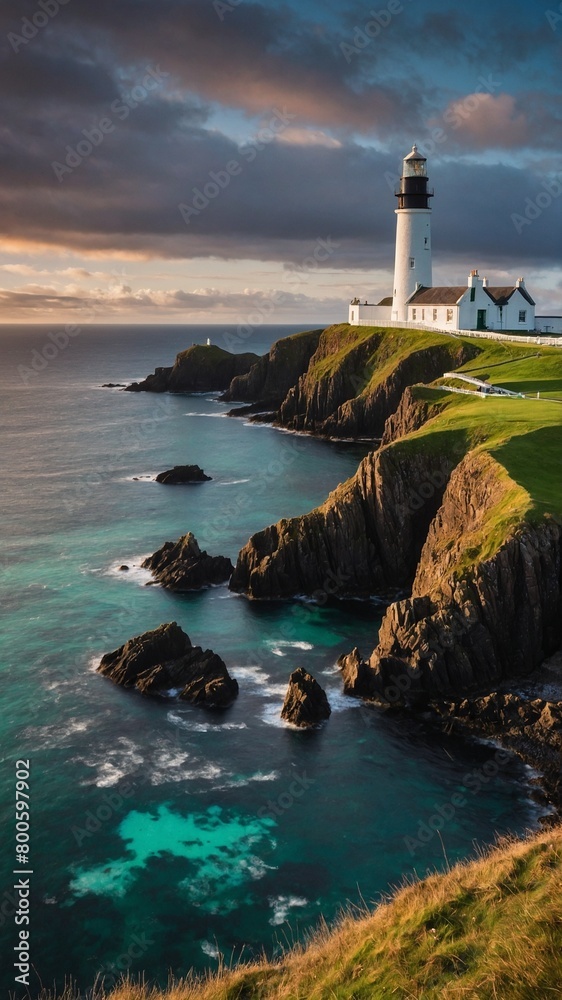 Tranquil scene unfolds with lighthouse standing tall on rugged cliff, overseeing ocean where waves gently meet rocky shore. Sky, adorned with hues of orange, blue during sunset, sunrise.