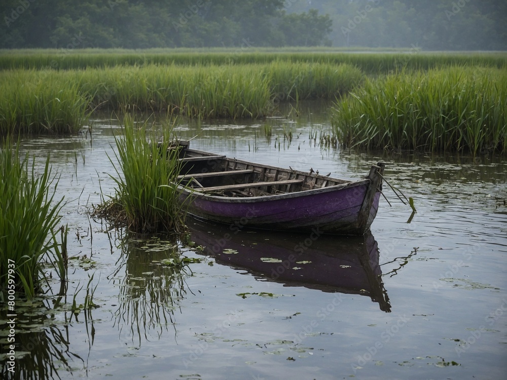 Weathered, purple rowboat rests partially submerged in calm waters, surrounded by lush green reeds under hazy sky. This serene scene reflects tranquility of nature.
