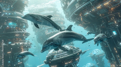A pod of dolphins swims through a flooded city - Generative AI