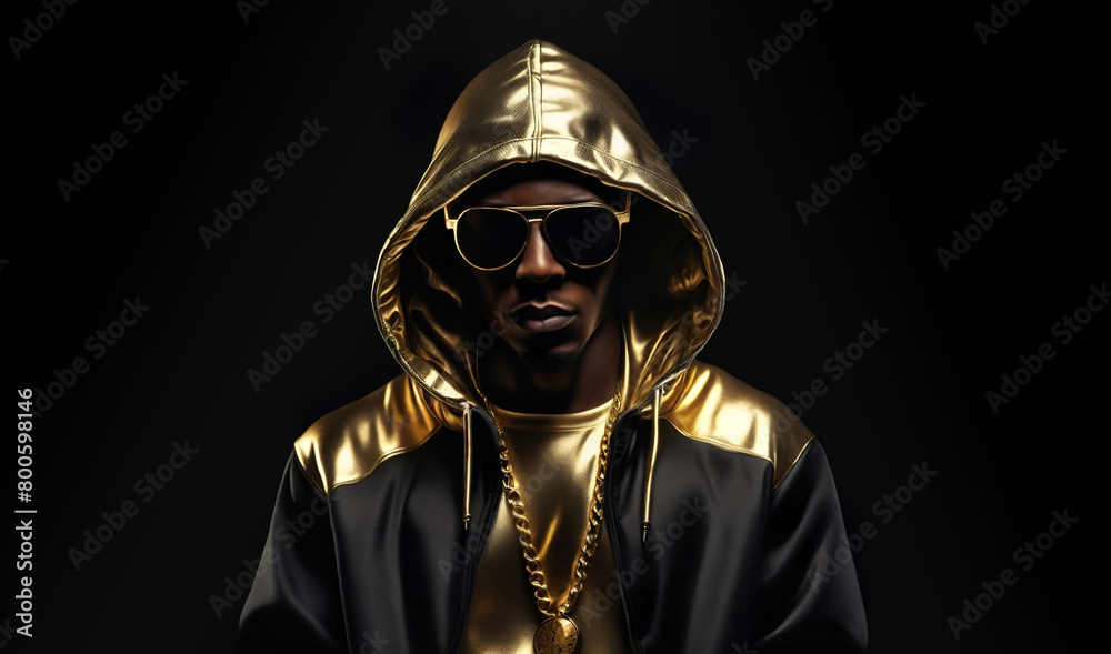 Rapper wearing a golden jacket with hoodie and sunglusses. Portrait of a hip hop artist Rapper wearing a golden jacket with hoodie and sunglusses. Portrait of a hip hop artist