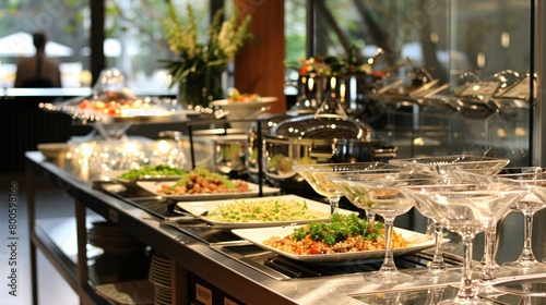 A buffet table with a variety of food and drinks, including a large pot of soup and a tray of salad