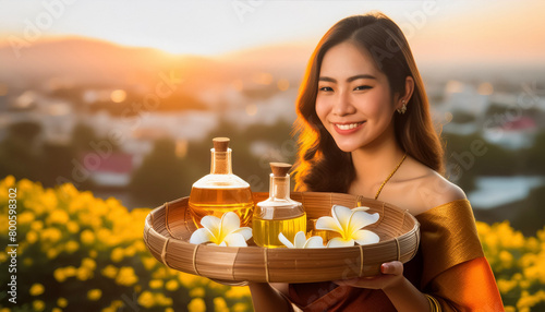 Bella ragazza thailandese porta olii essenziali per un massaggio rilassante, luci sullo sfondo. photo