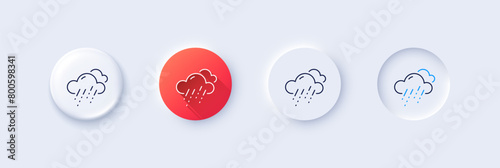 Rainy weather forecast line icon. Neumorphic, Red gradient, 3d pin buttons. Clouds with rain sign. Cloudy sky symbol. Line icons. Neumorphic buttons with outline signs. Vector