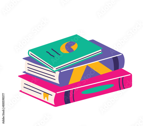 Book pile vector illustration. Stack of books with copybook at the top