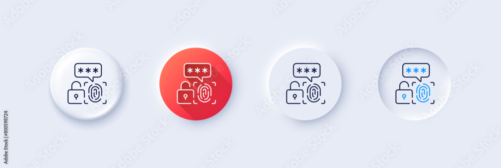Biometric security line icon. Neumorphic, Red gradient, 3d pin buttons. Fingerprint scan sign. Privacy data symbol. Line icons. Neumorphic buttons with outline signs. Vector Biometric security line icon. Neumorphic, Red gradient, 3d pin buttons. Fingerprint scan sign. Privacy data symbol. Line icons. Neumorphic buttons with outline signs. Vector