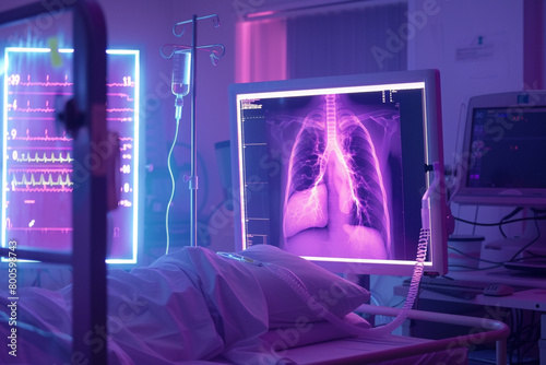 Advanced AI diagnosing lung cancer from digital scans neon lit room 